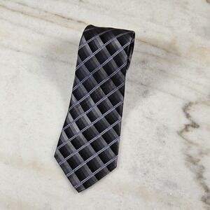 City of London 100% Silk Tie Gray Silver Blue Plaid Check Geometric Y2K Business